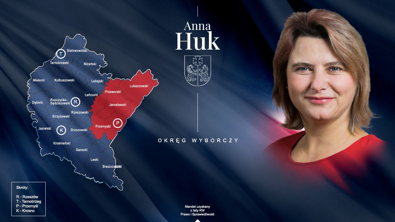 Anna Huk. Grafika. Na tle granatowej flagi zdjęcie radnego oraz kontur mapy Podkarpacia z widocznymi granicami administracyjnymi i nazwami powiatów.